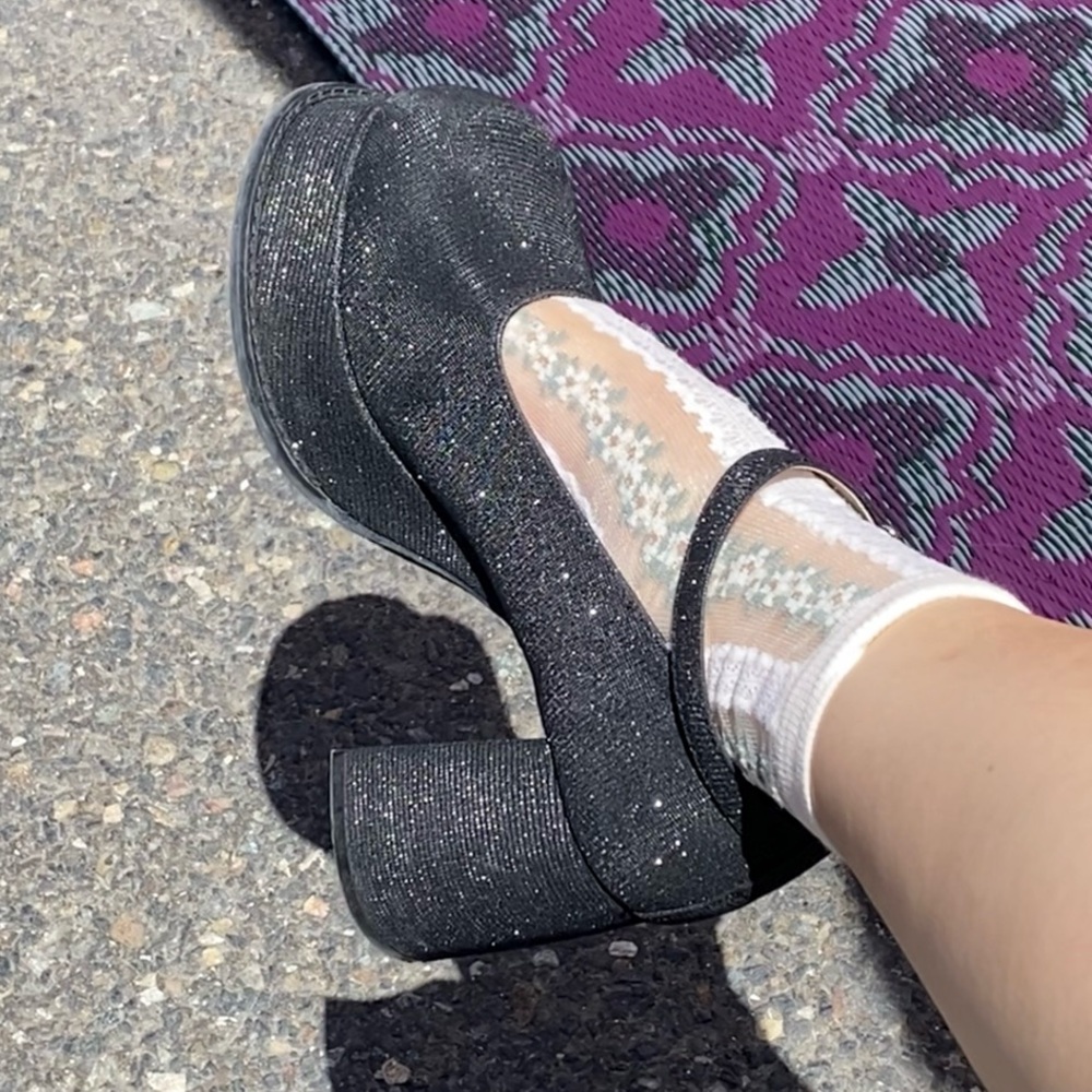 Chunky black glitter platform Mary Jane’s, made in Japan